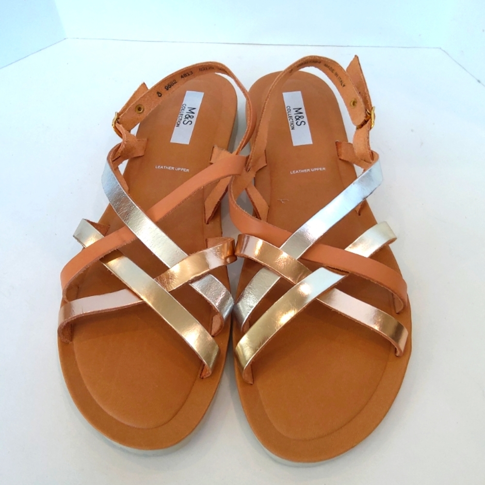 M&S leather brown metallic gold silver sandals